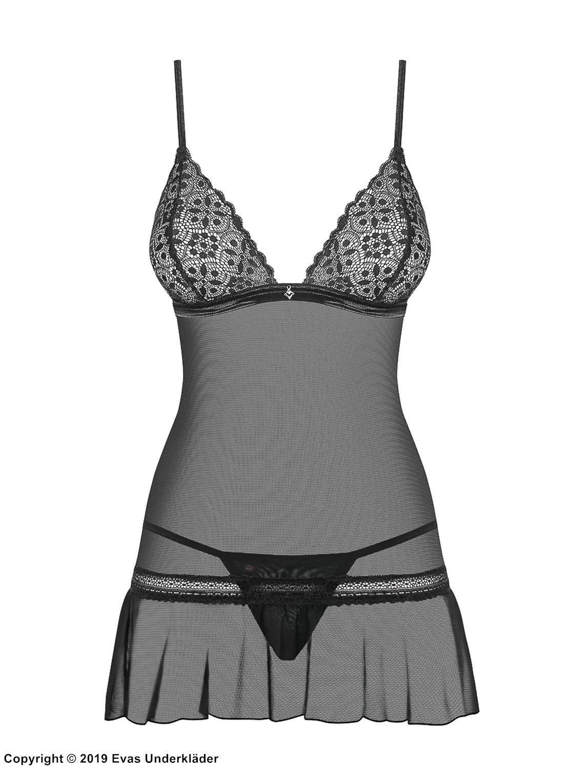 Skin-tight chemise, see-through mesh, ruffles, lace cups